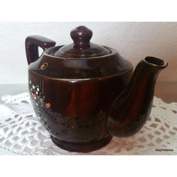 Antqiue Occupied Japan Teapot Brown Glazed Ceramic Hand Painted Flowers - Picture 9 of 12